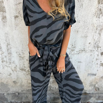 Zebra Stripes V-neck Lace-up Top and Pants Suit Set