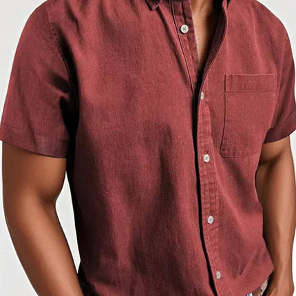 Collar Solid Color Pocket Single-breasted Men's Short-sleeved Shirt