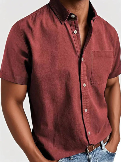 Collar Solid Color Pocket Single-breasted Men's Short-sleeved Shirt