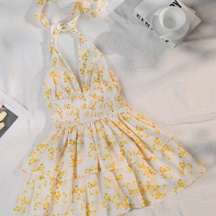 Floral Flounce Backless Halter Neck Dress