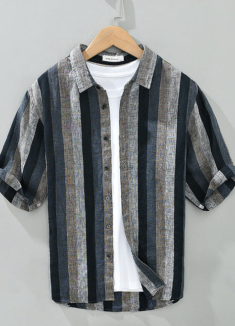 Camisa de lino teñido en hilo estilo vintage de manga a la altura del codo para hombre
