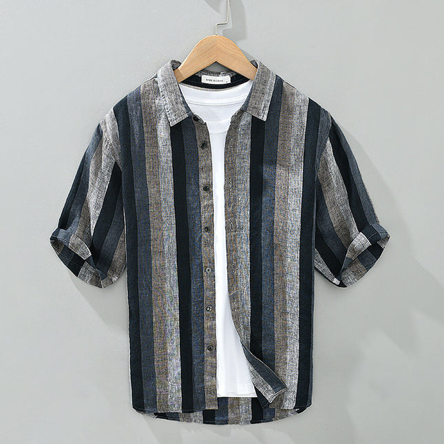 Vintage Yarn-dyed Linen Five-point Sleeve Men's Shirt