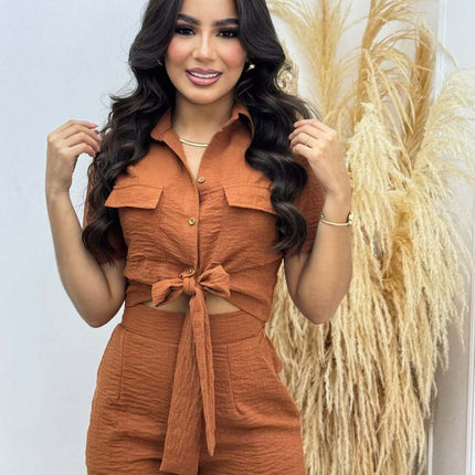 Short-sleeved Lace-up Two-piece Suit