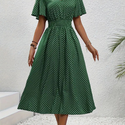 Polka Dot Short Sleeve Long Dress