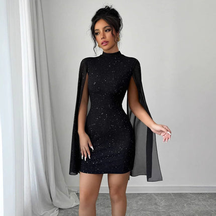 Shiny Turtleneck Lantern Sleeve Skinny Hip Dress