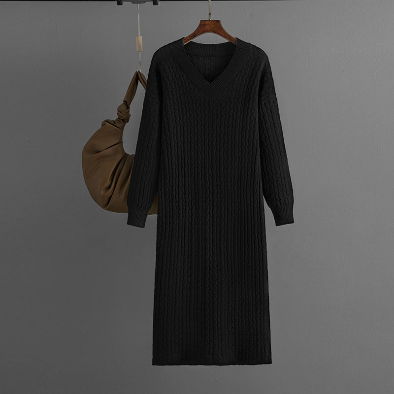 V-Neck Knitted Long Sweater with Back Slit