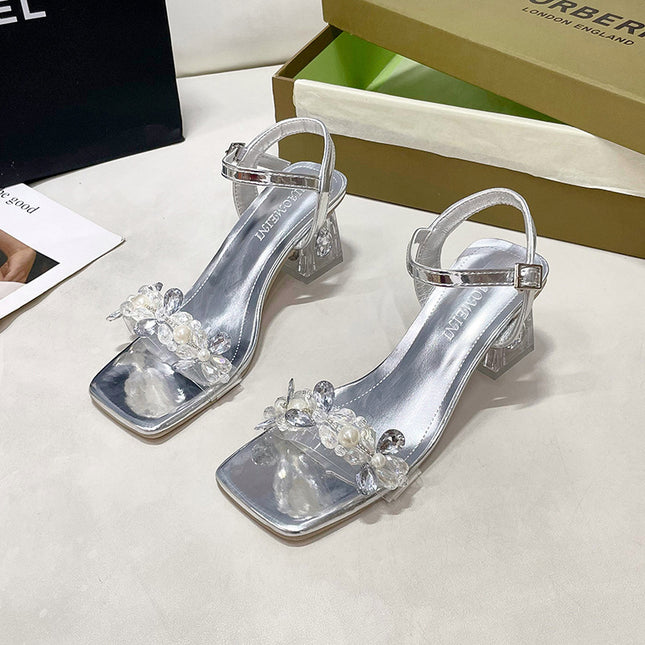 Chunky Rhinestone One-strap High Heels