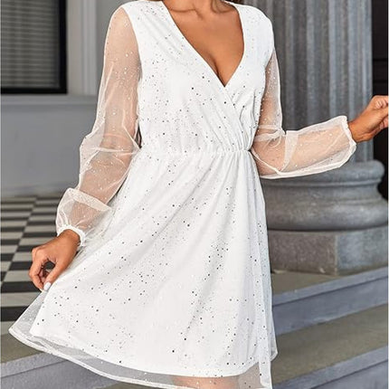 Sequined Long Sleeve Mesh V-neck Dress