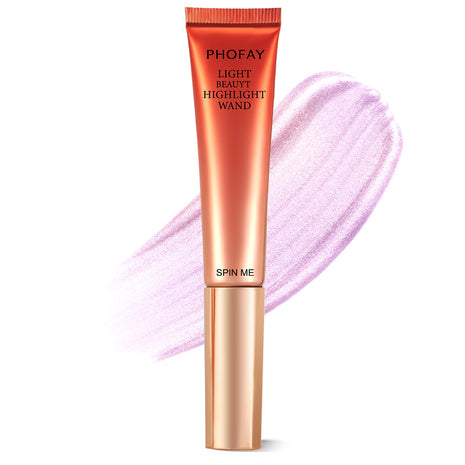 A PHOFAY Highlighter Wand in a golden bronze shade, with a swatch of the product showing its luminous and creamy texture.