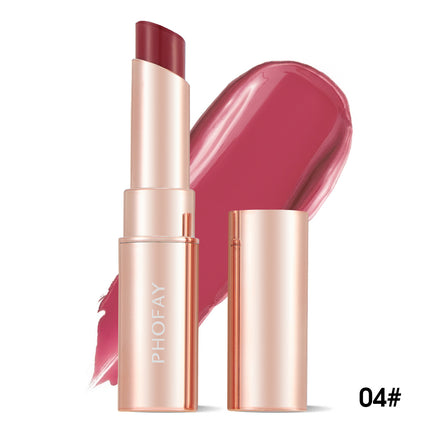 A PHOFAY Moisturizing Lipstick in a Sunset Red shade, with the product name visible on the packaging and a swatch of the lipstick color shown.
