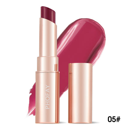 A PHOFAY Moisturizing Lipstick in a Sunset Red shade, with the product name visible on the packaging and a swatch of the lipstick color shown.