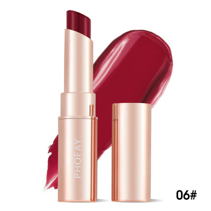A PHOFAY Moisturizing Lipstick in a Sunset Red shade, with the product name visible on the packaging and a swatch of the lipstick color shown.