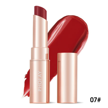 A PHOFAY Moisturizing Lipstick in a Sunset Red shade, with the product name visible on the packaging and a swatch of the lipstick color shown.