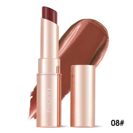 A PHOFAY Moisturizing Lipstick in a Sunset Red shade, with the product name visible on the packaging and a swatch of the lipstick color shown.