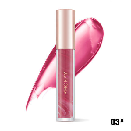 A tube of PHOFAY Rose Blooming Hydrating Lip Gloss in color '01#' with a pink shade, matching the product's swatch shown next to it.