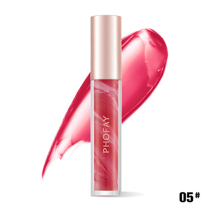 A tube of PHOFAY Rose Blooming Hydrating Lip Gloss in color '01#' with a pink shade, matching the product's swatch shown next to it.