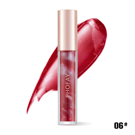 A tube of PHOFAY Rose Blooming Hydrating Lip Gloss in color '01#' with a pink shade, matching the product's swatch shown next to it.
