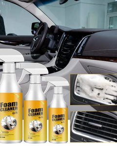 Foam cleaner bottles with a car interior background