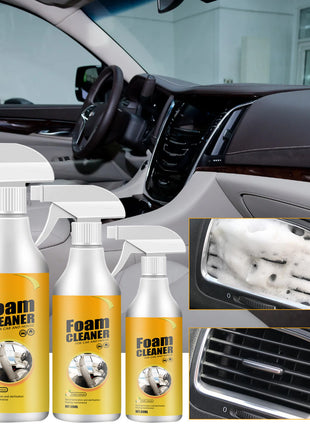 Foam cleaner bottles with a car interior background