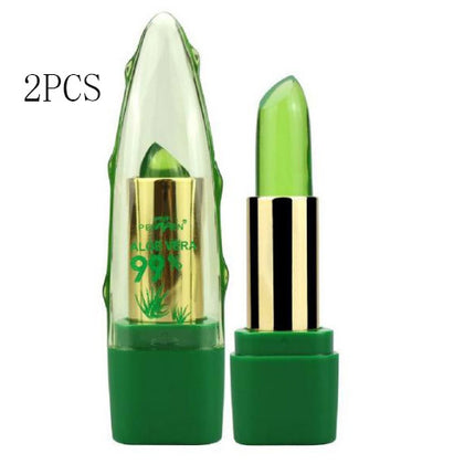 A tube of Aloe Vera Gel Lipstick with a green cap, alongside images of an aloe vera plant and a lip with the product applied.