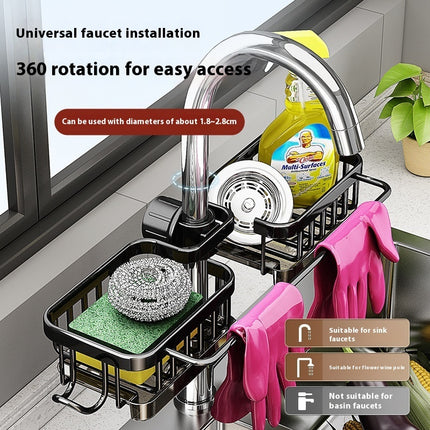 Kitchen sink caddy with sponge, scrubber, and dish soap holder on a faucet