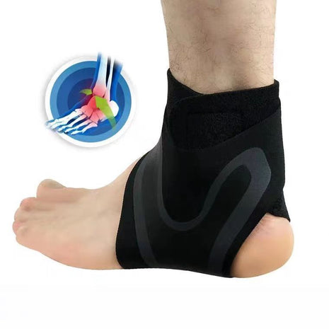 Black ankle support brace on a foot with a close-up inset of a foot with a bone injury.
