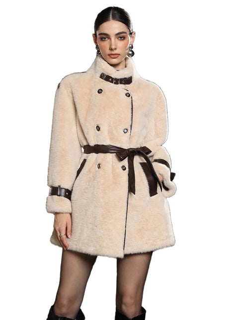 Apricot lace-up coat with faux fur collar and feminine winter fashion style.