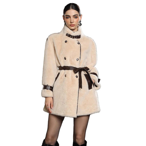 Apricot lace-up coat with faux fur collar and feminine winter fashion style.
