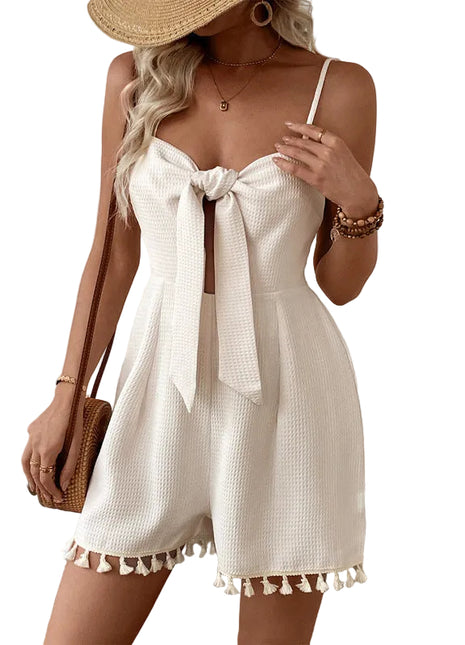 Women's Fringe Knotted Waffle Suspender Jumpsuit in Apricot blndl