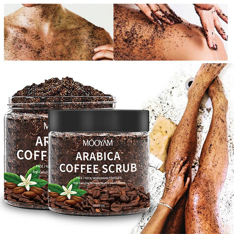 Arabica coffee scrub with application on skin and packaging