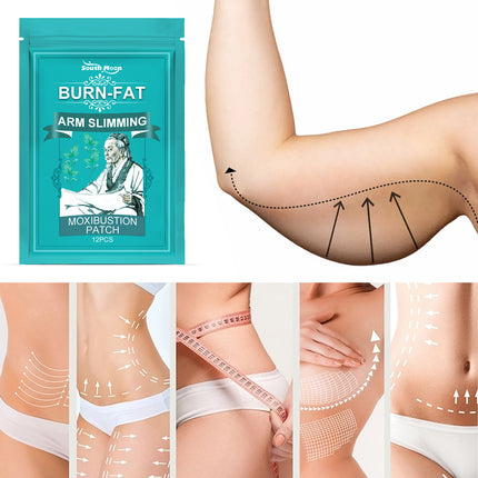 Burn-fat arm slimming patch packaging with arm and body diagrams on a white background