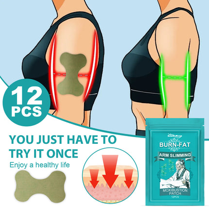 Arm slimming patches with before and after illustration on a blue background