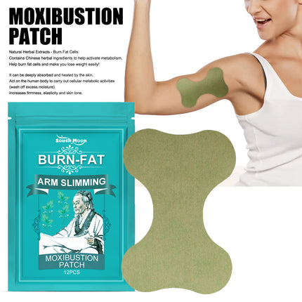 Moxibustion patch with packaging and a woman wearing it on her arm.