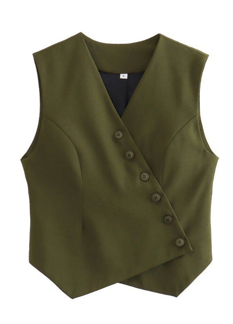 Army green women's sleeveless vest with an oblique asymmetrical front, perfect for casual and office outfits.