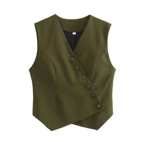 Army green women's sleeveless vest with an oblique asymmetrical front, perfect for casual and office outfits.