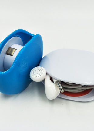 Blue and white earbud cases on a white background