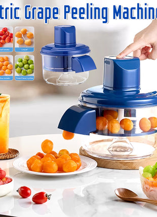 Electric grape peeling machine with fruits and a glass of juice on a table.