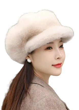 Woman wearing a beige fur hat with a blurred background