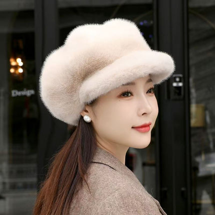 Woman wearing a beige fur hat with a blurred background