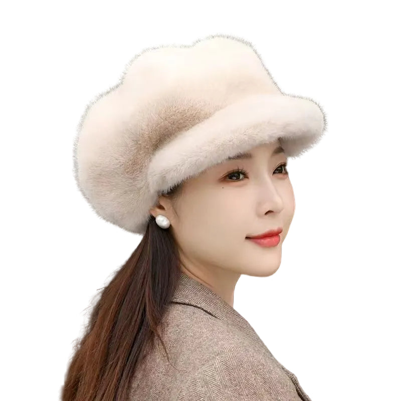 Woman wearing a beige fur hat with a blurred background