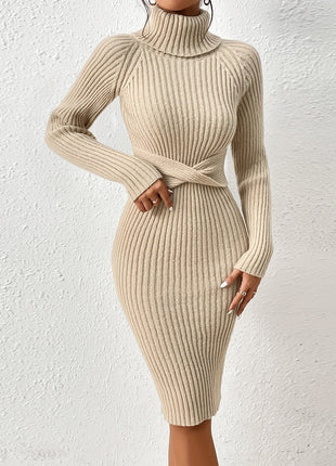 Beige ribbed knit dress on a white background