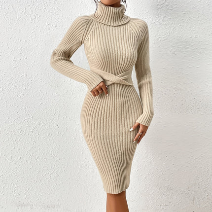 Beige ribbed knit dress on a white background
