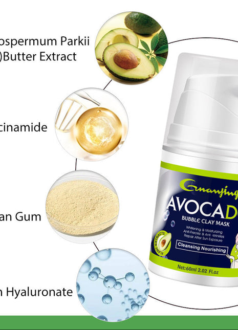 Avocado-based bubble clay mask with ingredients listed on a white background