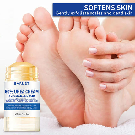 Barubt 60% Urea Cream with a close-up of feet being treated, showing softening effect.