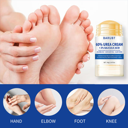 Barubt 60% Urea Cream packaging with feet and skin care application areas shown.