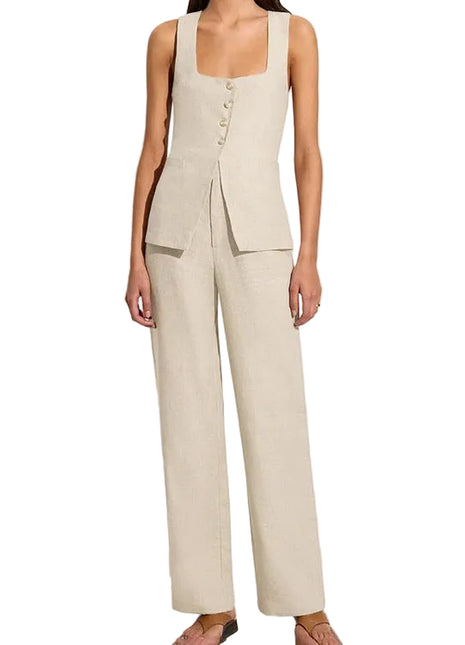 Women's Cotton Square Collar Vest and High Waist Wide Leg Pants Set in Khaki