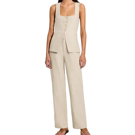 Women's Cotton Square Collar Vest and High Waist Wide Leg Pants Set in Khaki