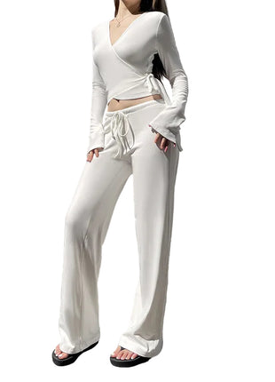 Women's Cross V-Neck Blouse and Fleece-Lined Pants Set in white