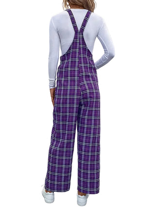 Retro Purple Plaid Sleeveless Suspender Jumpsuit for Women