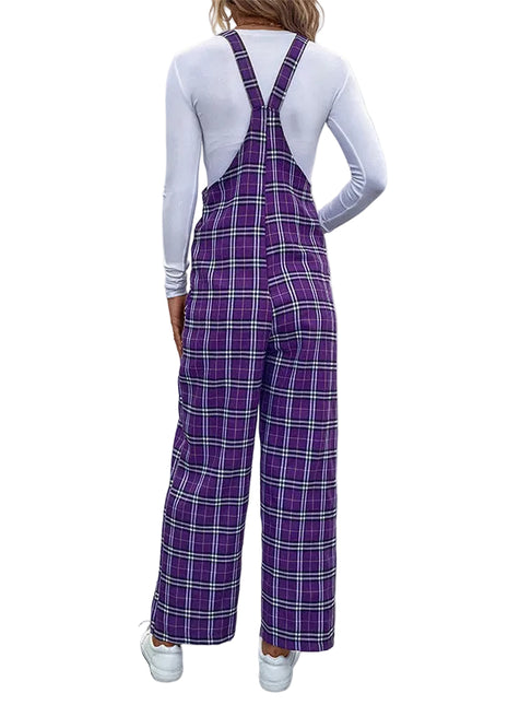 Retro Purple Plaid Sleeveless Suspender Jumpsuit for Women